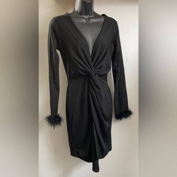 Long Sleeve Bodycon Dress with Feathered Sleeves and deep plunge - Picture 3 of 7